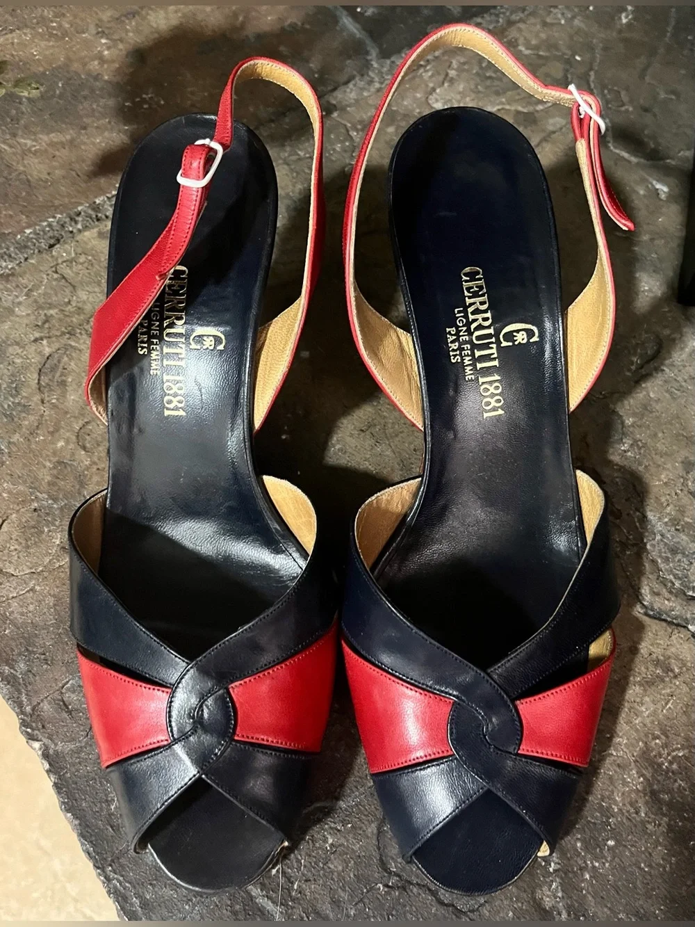 Cerruti 1881 1970s 70s Vintage Navy Blue & Red Leather High Heel Shoes 7.5